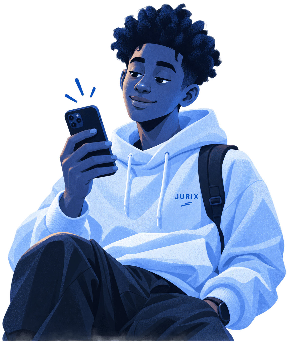 A young man wearing a Jurix hoodie, checking his smartphone