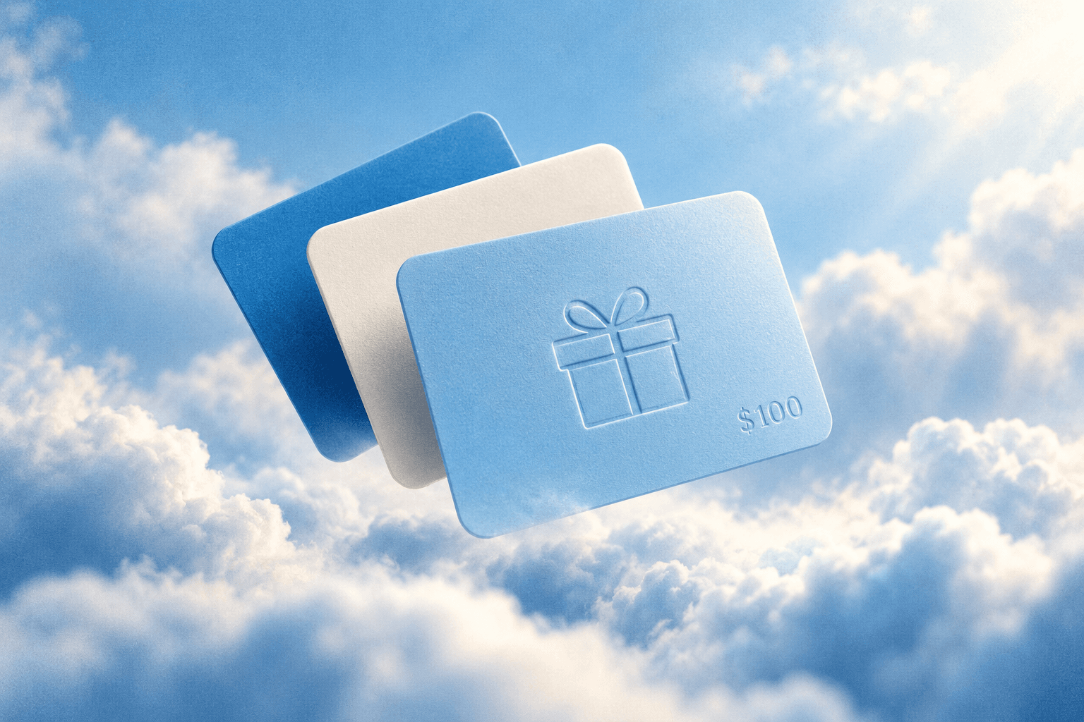 Sky-blue and ivory gift cards floating among softly lit clouds